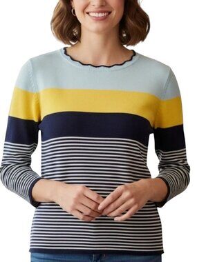 Lands' End Supima Cotton Striped Colorblock Nautical Coastal Sweater Size L